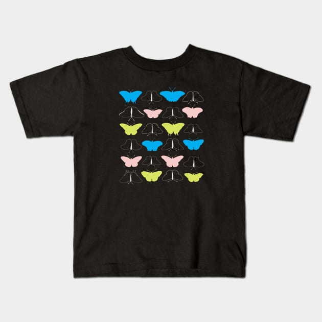 Collection of colorful neon pastel butterflies on black Kids T-Shirt by agus.cami